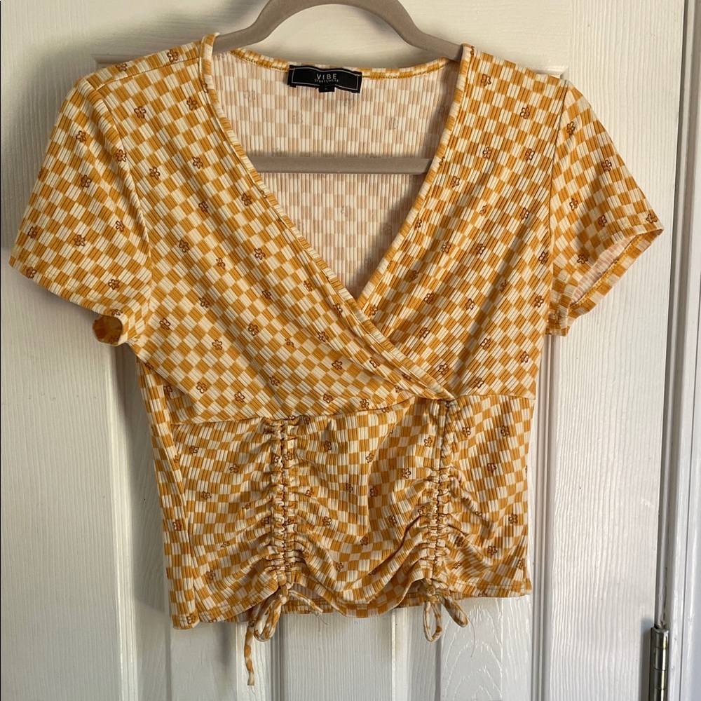 Vibe Orange Checkered Floral Retro Rave Y2K Ruched Crop Top